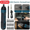 A set of 20 USB electric screwdrivers, including a main tool and various bits, shown in various contexts.