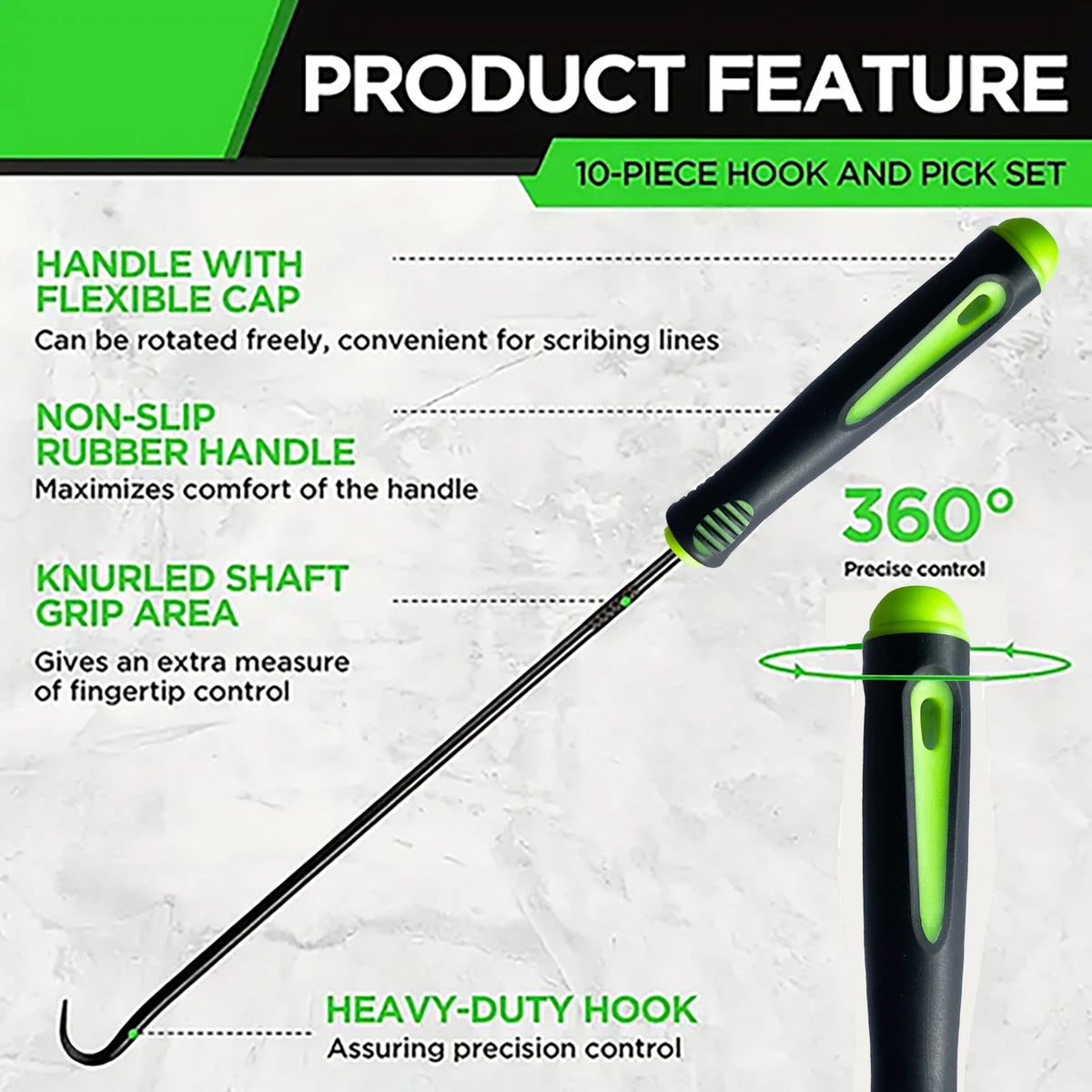 A black precision hook and pick tool set with a flexible cap, rubber handle, and a heavy-duty hook.