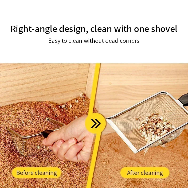 A hand is using a right-angle stainless steel scoop to clean pet litter from a tray, showing before and after results.