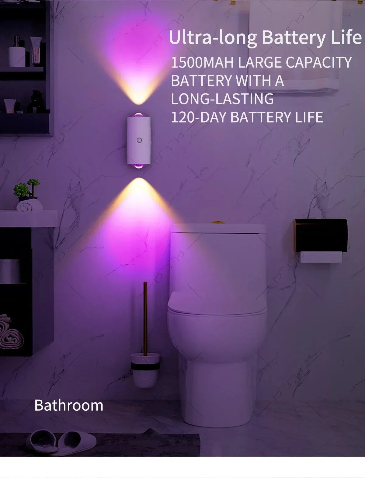 A modern bathroom features an ultra-long battery life wall light illuminating a toilet area.