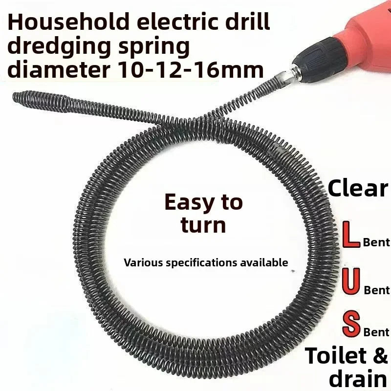 A black, coiled spring tool for household electric drilling and dredging, featuring a clear bent tip.