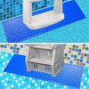A white non-slip pool ladder mat is placed on a blue tiled surface.