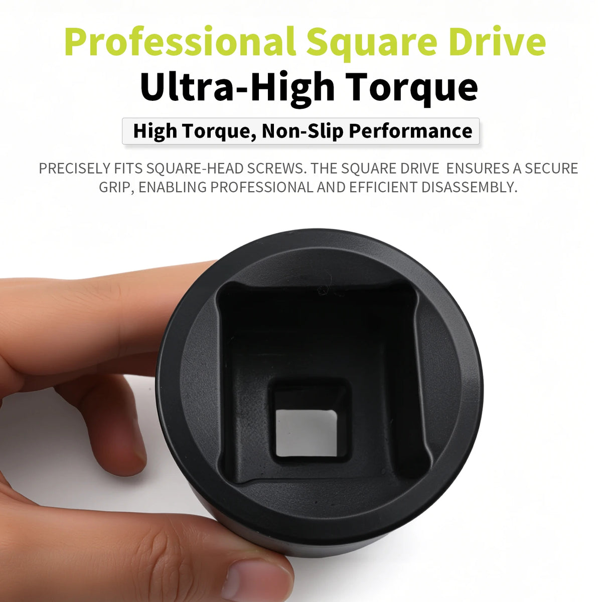 A hand holds a square drive tool adapter, demonstrating its fit for square-head screws.