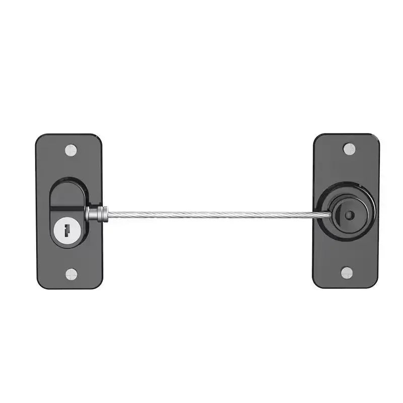 A silver metal cabinet lock with a handle is shown mounted on a wall.