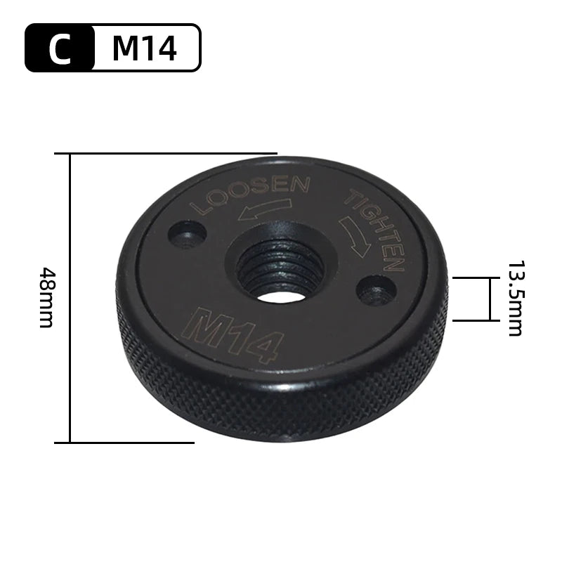 Black M14 grinding pressing plate with dimension markings and a tightening arrow.