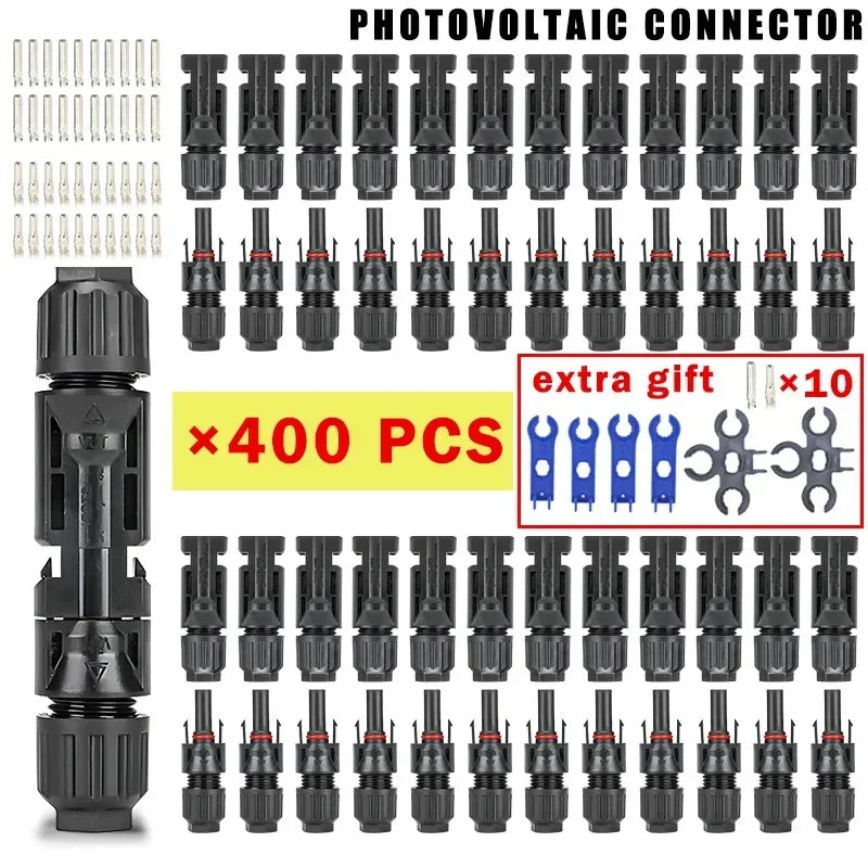 A kit of 400 photovoltaic connectors for solar panels, including various types and extra gifts.