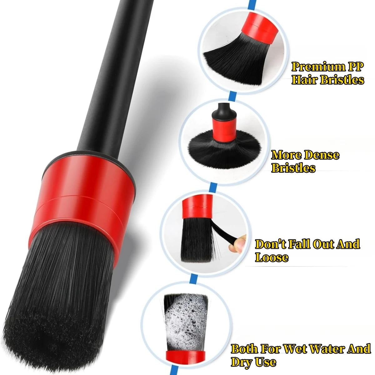A set of six detailing brushes with premium PP bristles shown in various forms and usage contexts.