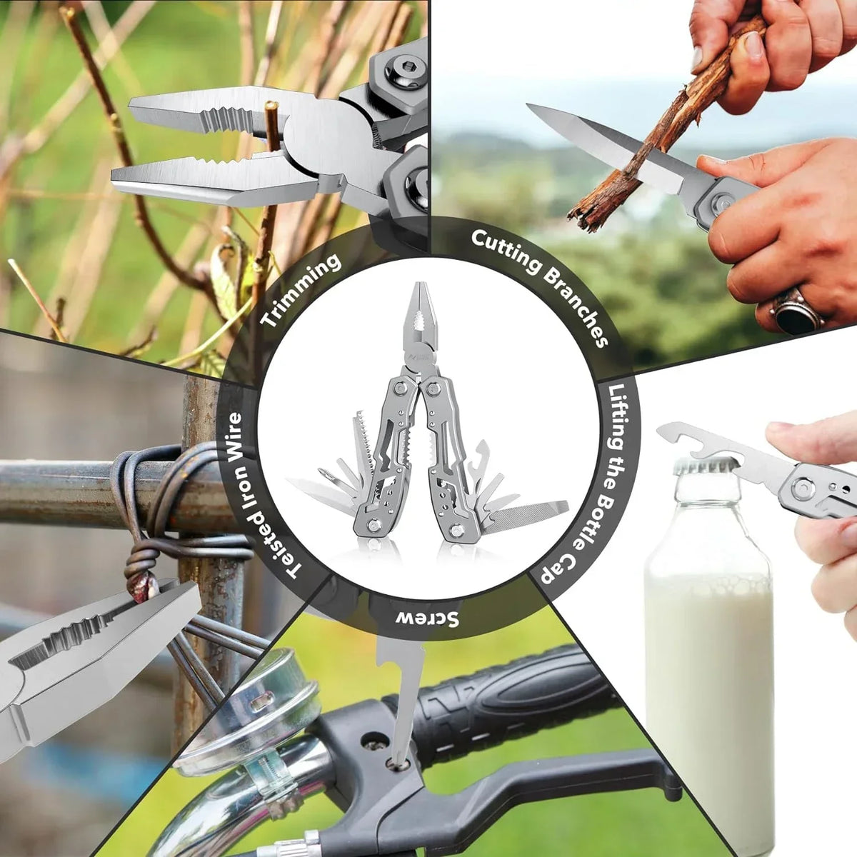Collection d'outils variés, y compris des pinces, un couteau et un jeu de tournevis, en gros plan sur fond naturel