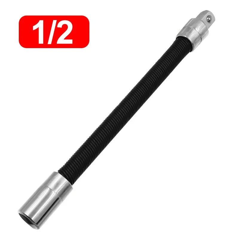 A black flexible shaft drive socket extension bar with silver metal fittings.