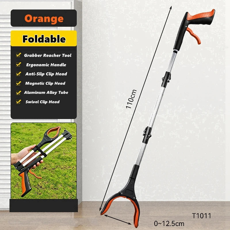 Orange foldable magnetic reacher tool with an ergonomic handle and swivel clip head shown against a white background.