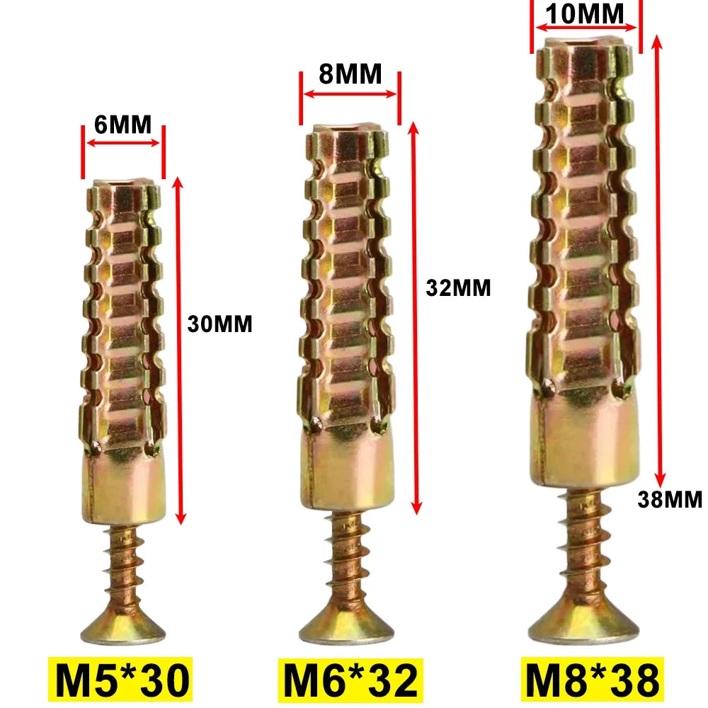 Trois tailles d'ancrages muraux en acier robuste : M5*30, M6*32 et M8*38, présentés verticalement.
