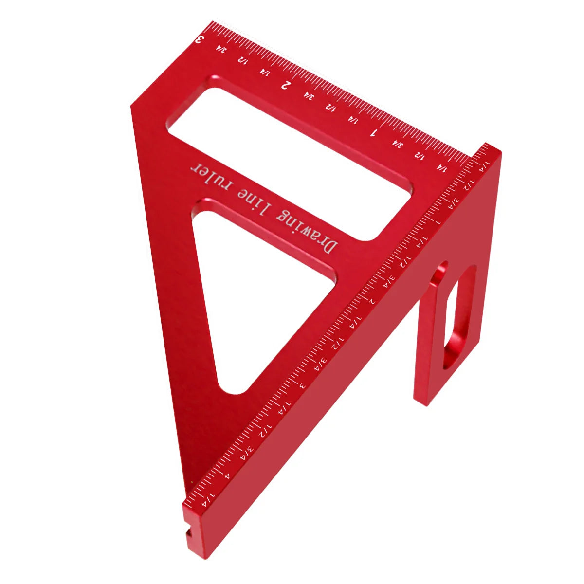 A red precision drawing and layout square used for measuring angles in woodworking.