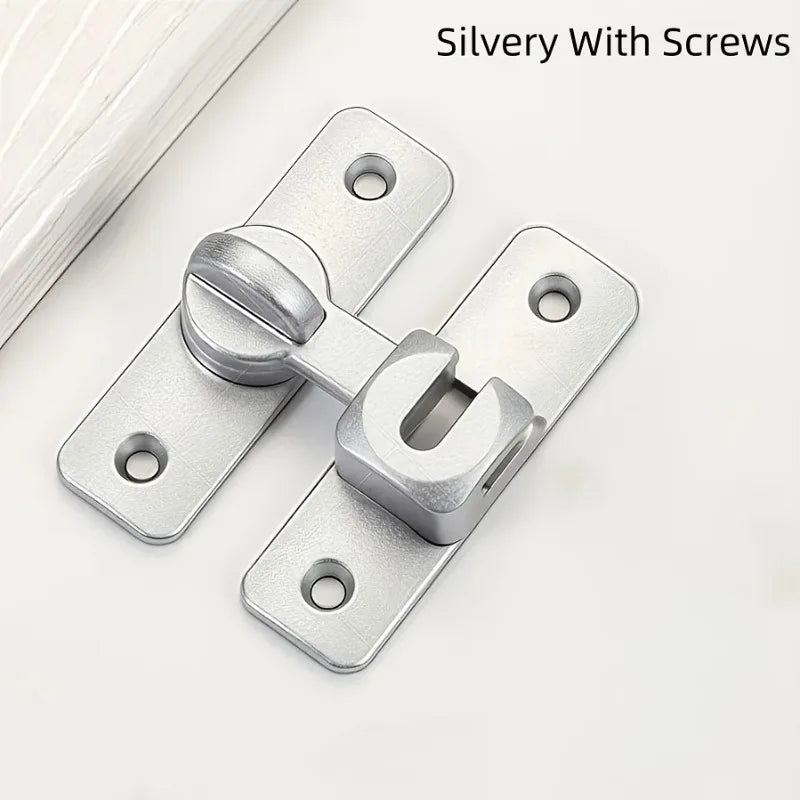 Silvery adjustable sliding pin door lock with screws mounted on a metal plate