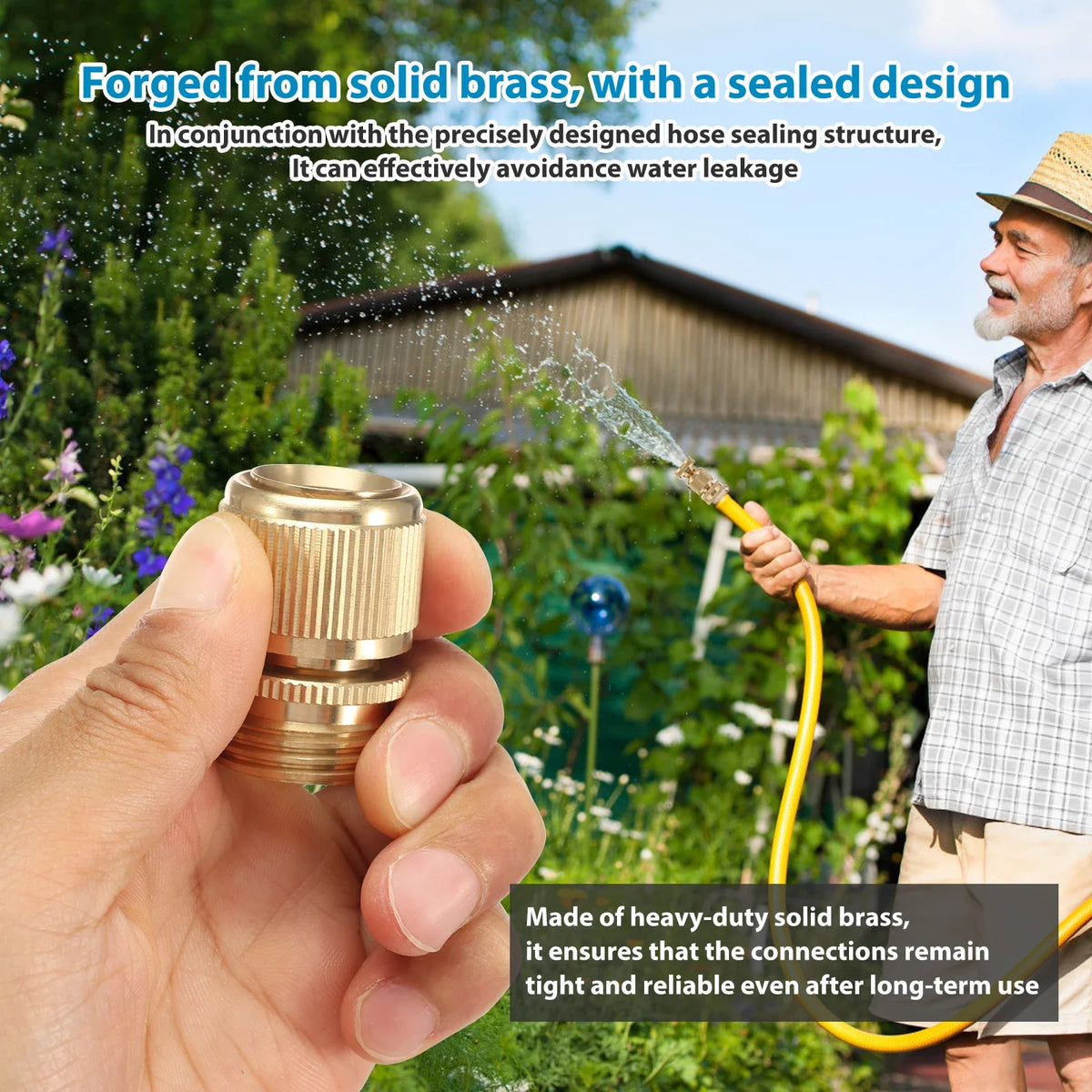 A hand holds a brass garden hose connector, demonstrating its sealed design for leak prevention.