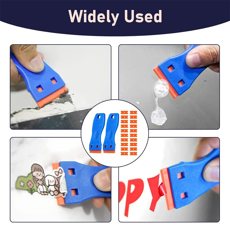A blue plastic scraper tool is shown being used to remove labels and decals from a surface.