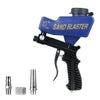 A blue pneumatic sandblasting gun with a black handle and various metal tips shown alongside it.