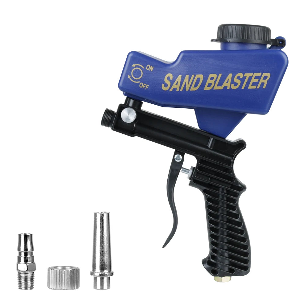 A blue pneumatic sandblasting gun with a black handle and various metal tips shown alongside it.