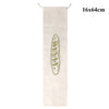 A vertical beige linen drawstring bag with a light green oval design for bread storage.