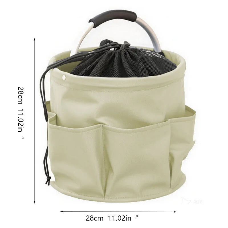 A beige folding storage organizer basket with a mesh lid and multiple storage compartments.