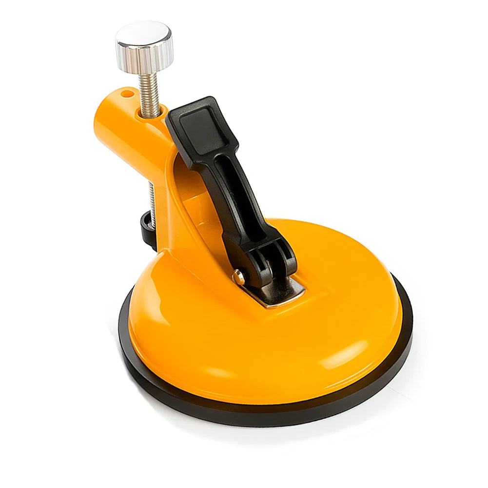 A yellow heavy duty wall tile leveler with a black handle and a silver suction cup mechanism.