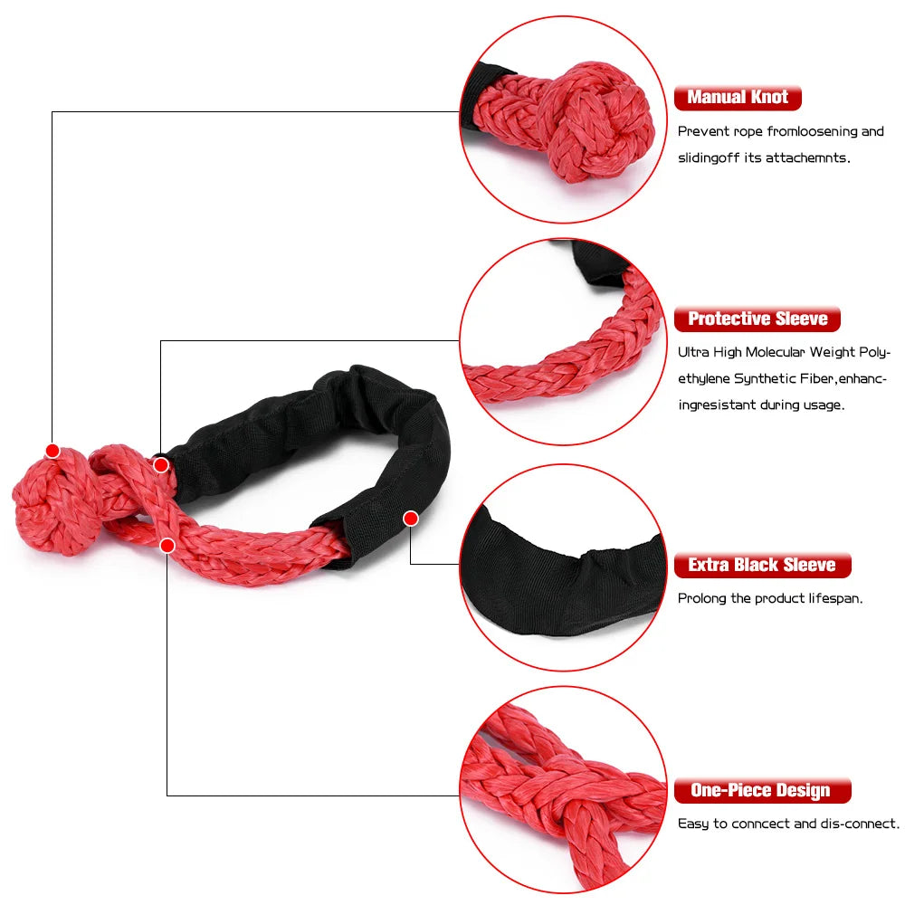 A set of red and black synthetic rope knots demonstrating various features like manual knot, protective sleeves, and one-piec