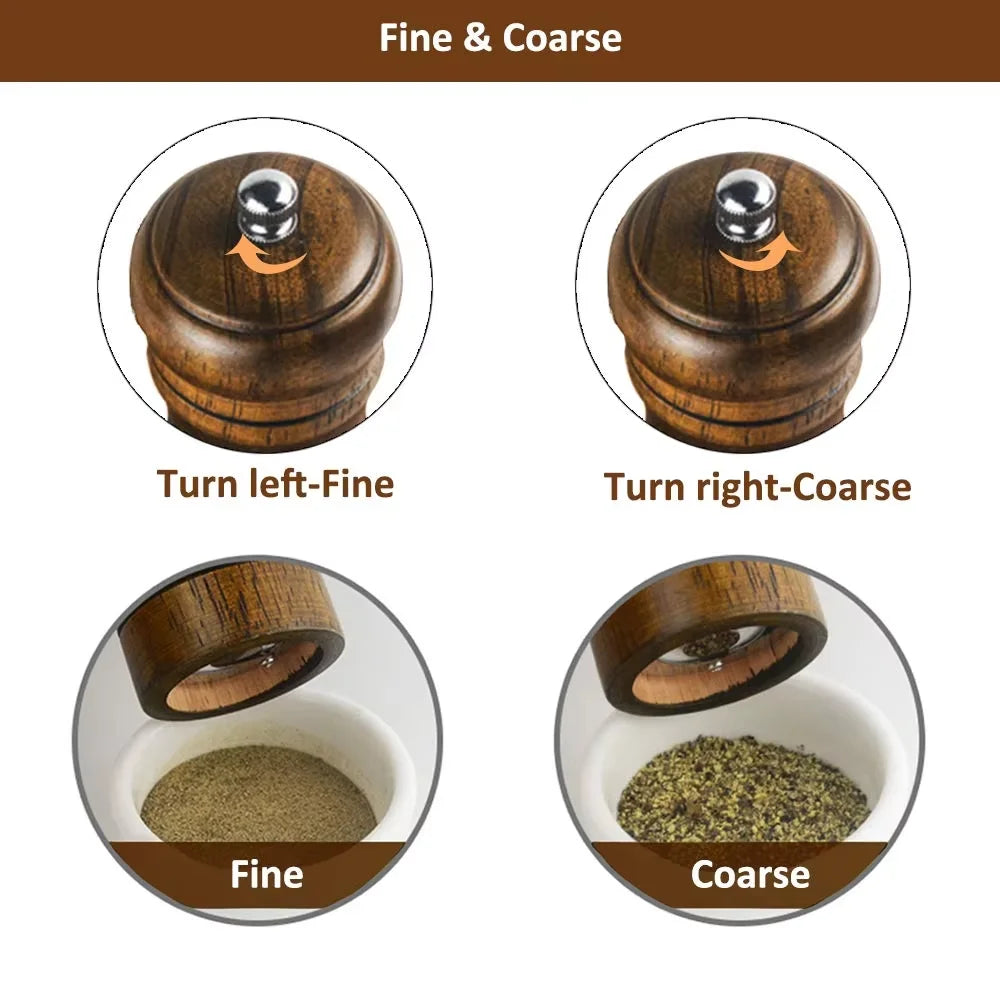 Diagram showing how to adjust an adjustable wooden spice mill from fine to coarse grind.