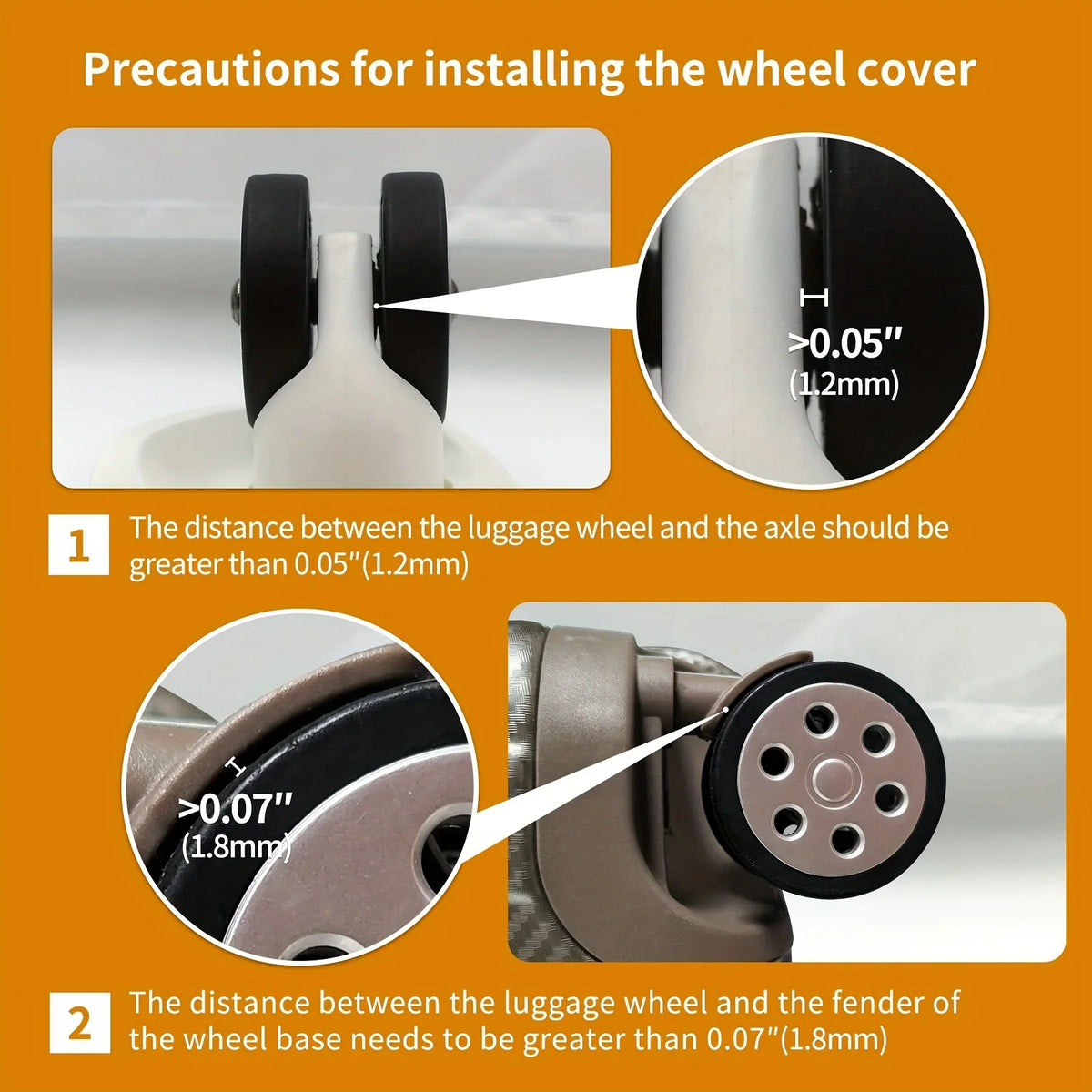 Diagram showing precautions for installing a wheel cover, including minimum distances between the luggage wheel and axle or f
