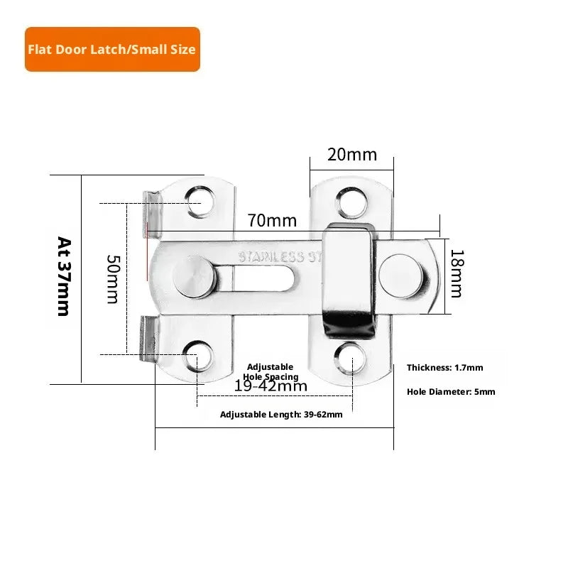 Stainless steel flat door latch with adjustable length and hole spacing for barn doors