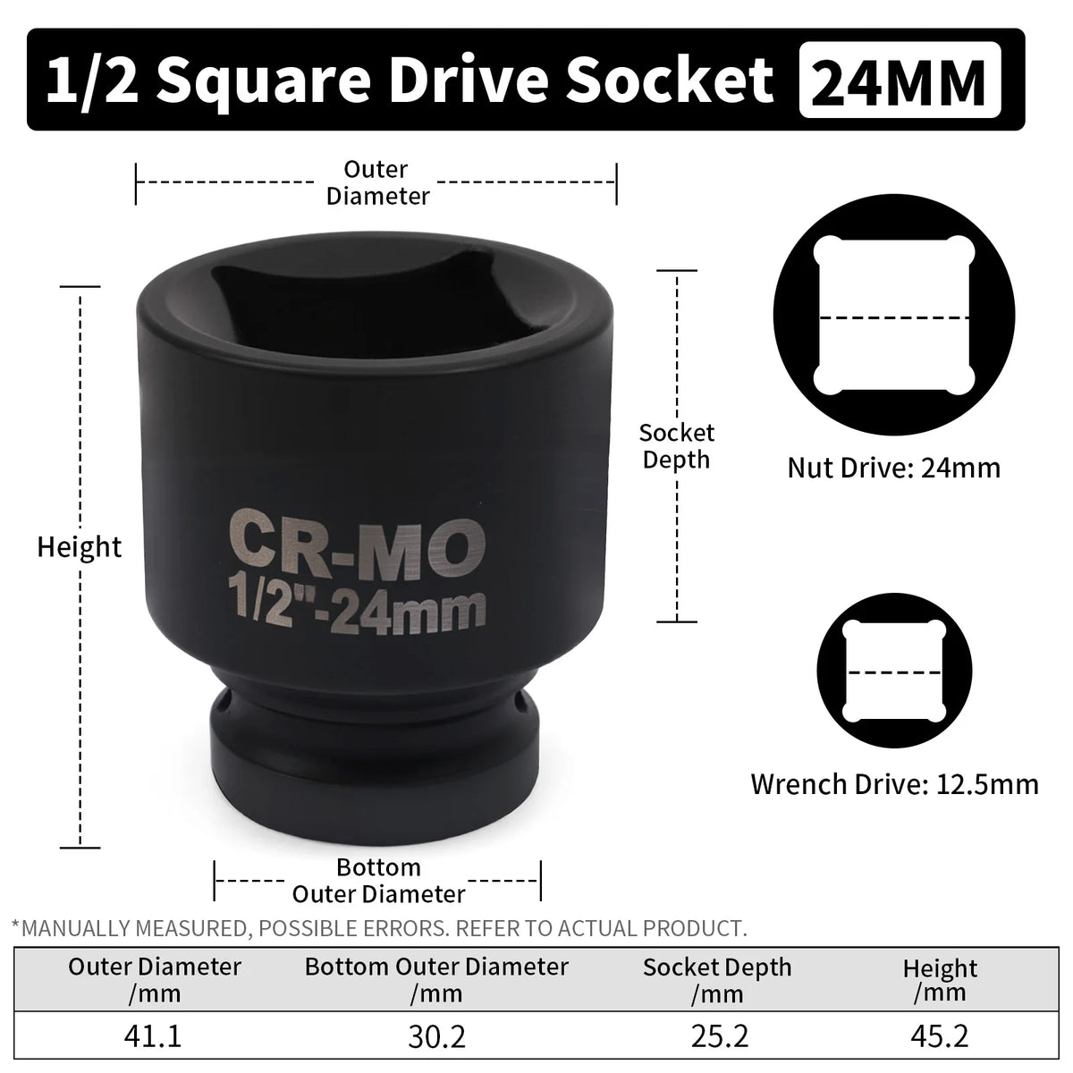A black 1/2 square drive socket with a 24mm drive size and various dimensions shown.
