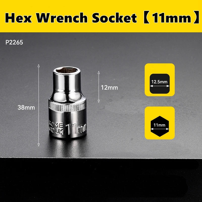 A silver hex wrench socket with a 11mm drive and a 12mm length is shown against a dark background.