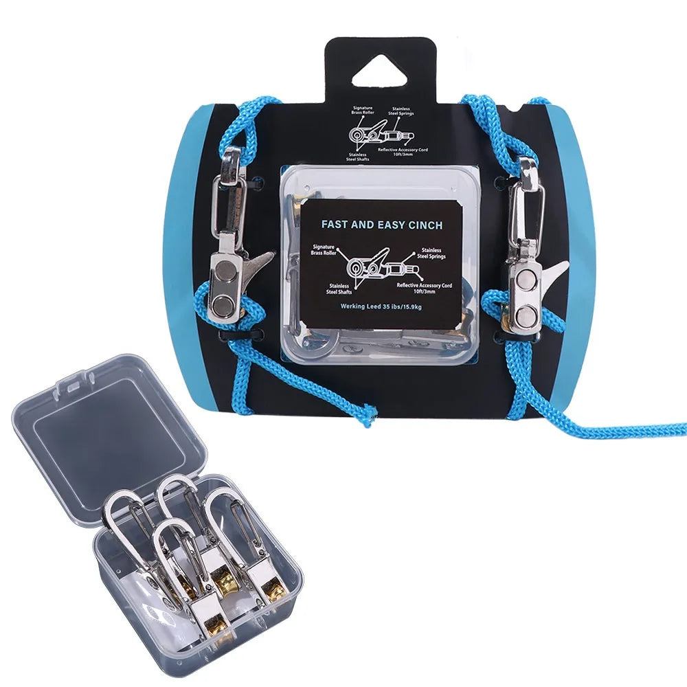 A set of heavy-duty lock buckle rope tensioners packaged in a black cardboard holder with blue cord and a separate clear plas