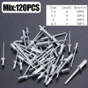 A collection of metal rivets with various diameters and lengths is shown on a dark background.