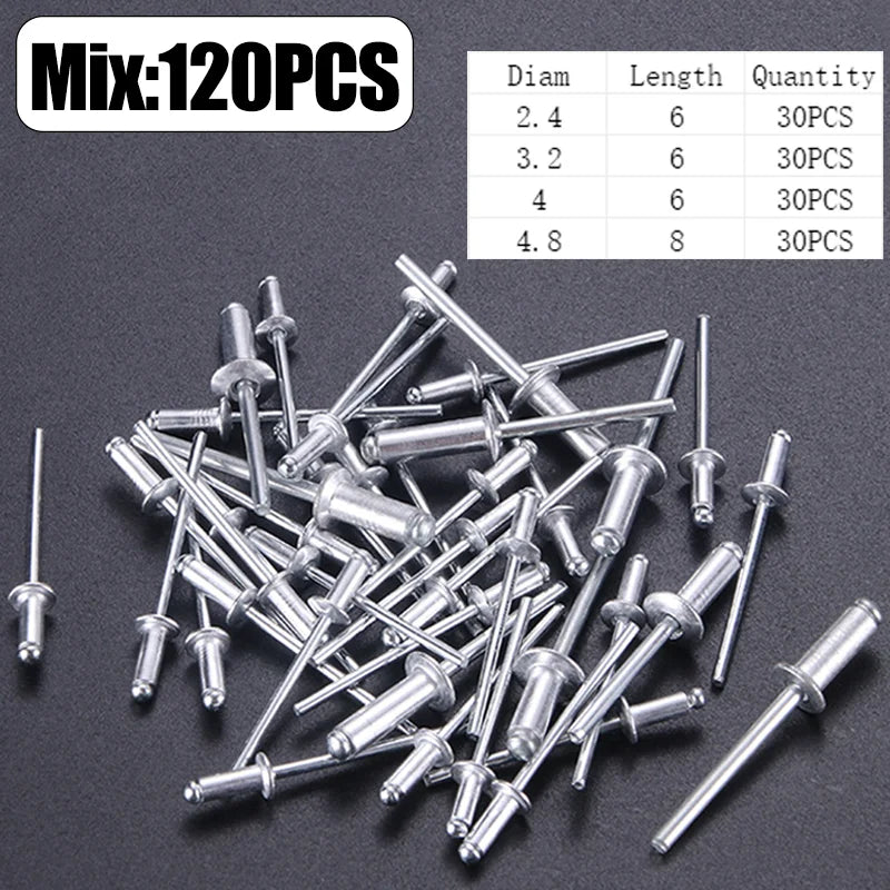 A collection of metal rivets with various diameters and lengths is shown on a dark background.