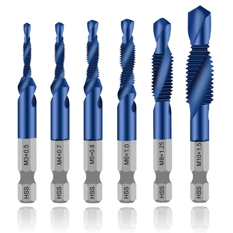 A set of titanium coated hex shank tap and drill bits in various sizes, including M3 to M10.