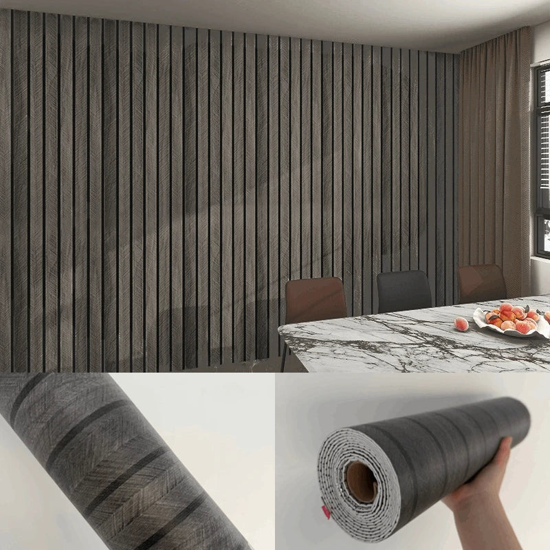 Roll of thick wood grain self-adhesive wall decals showing the texture and adhesive strip.
