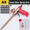 A gold and red foam glue spray gun with a Teflon material nozzle and parts shown.