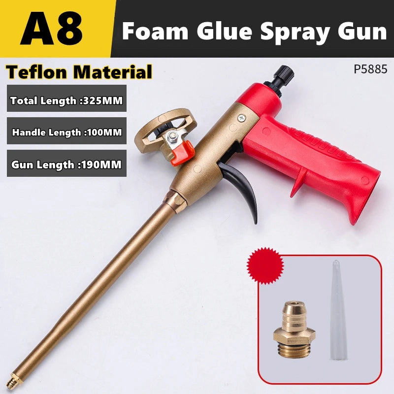 A gold and red foam glue spray gun with a Teflon material nozzle and parts shown.