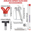 Airless spray gun and accessories including a spray gun, nozzle, and adapter kit.