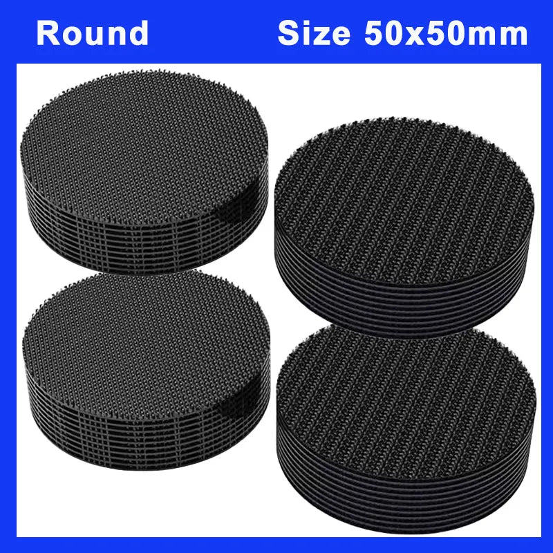 Round black hook and loop strips with a size of 50x50mm