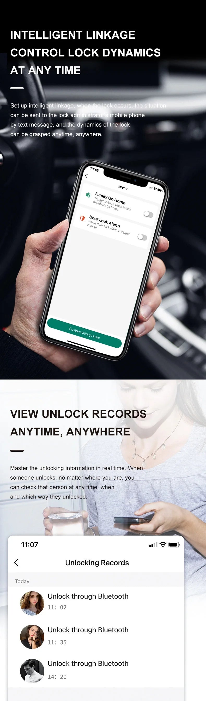 A hand holds a smartphone displaying an intelligent linkage control lock dynamics interface.