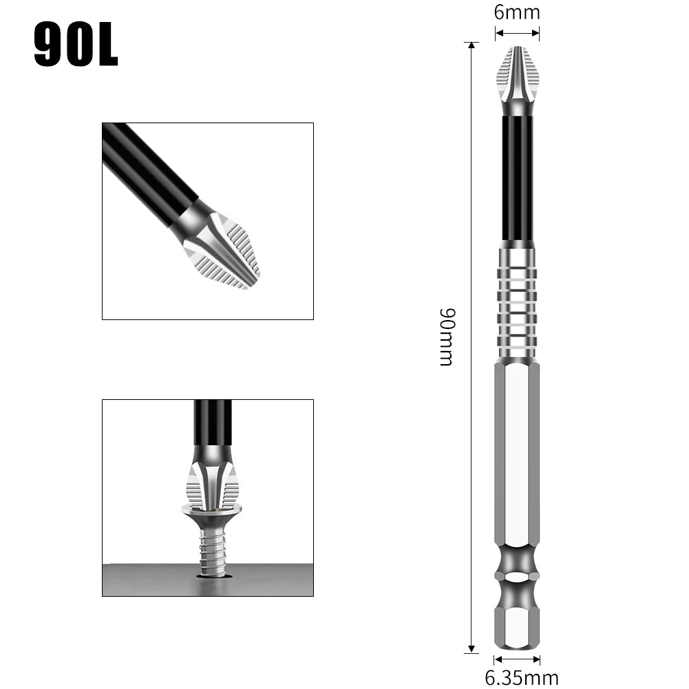 A precision magnetic drill bit set showing various sizes and a long drill bit with dimensions.