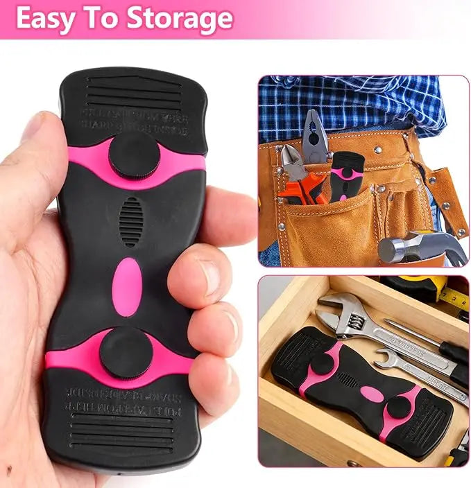 A black adhesive remover scraper tool is shown being held in a hand, next to various tools.
