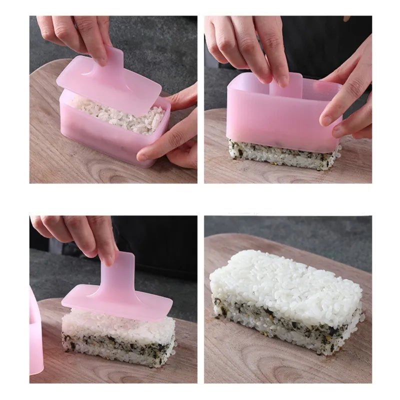 Hands are shown using a pink silicone mold to shape rice for DIY sushi and onigiri making kit.