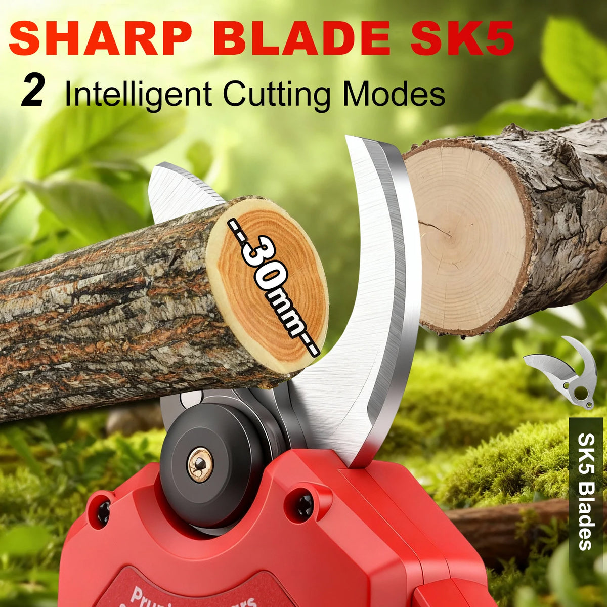 A close-up of a red pruning shear with a sharp blade, demonstrating two cutting modes on a log.
