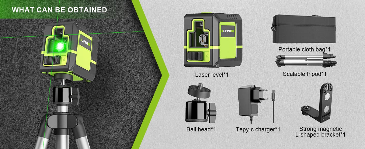 A professional green and black laser level device is shown alongside accessories like a cloth bag, a tripod, a ball head, and