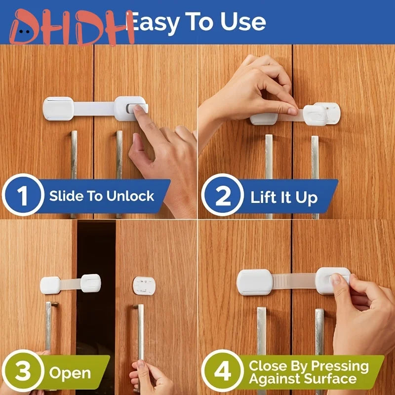 Instructions showing how to use an easy-to-use adjustable child safety lock for cabinets and drawers.