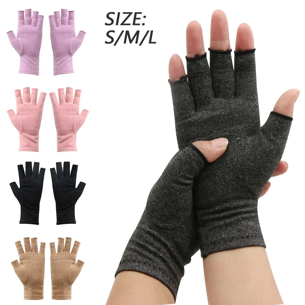 A hand wearing dark gray therapeutic compression gloves, shown alongside various sizes and colors.