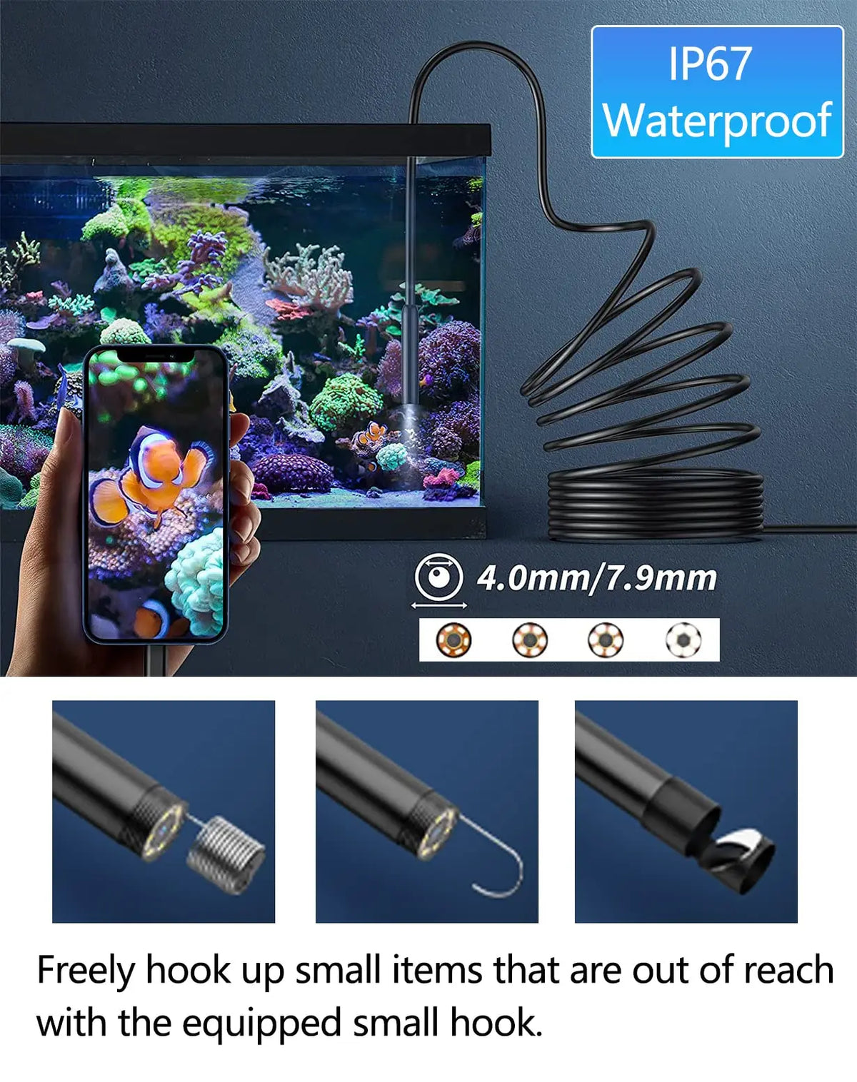 Endoscopio de smartphone HD con gancho flexible para recuperar objetos pequeños.