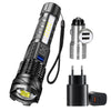 A black high-power rechargeable LED tactical flashlight with a detachable light source and charging cable.