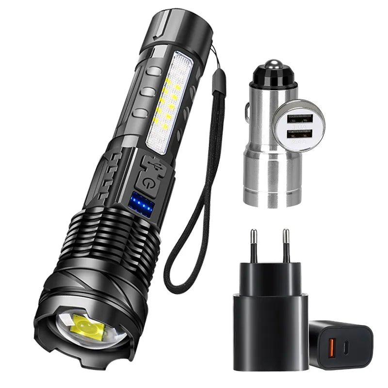 A black high-power rechargeable LED tactical flashlight with a detachable light source and charging cable.